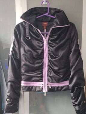 Yoki Black Satin Bomber Jacket with Lavender Trim